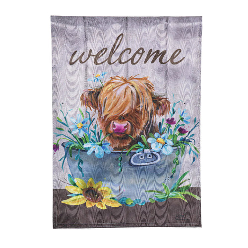 Evergreen Relaxing Highland Cow Moire Garden Flag